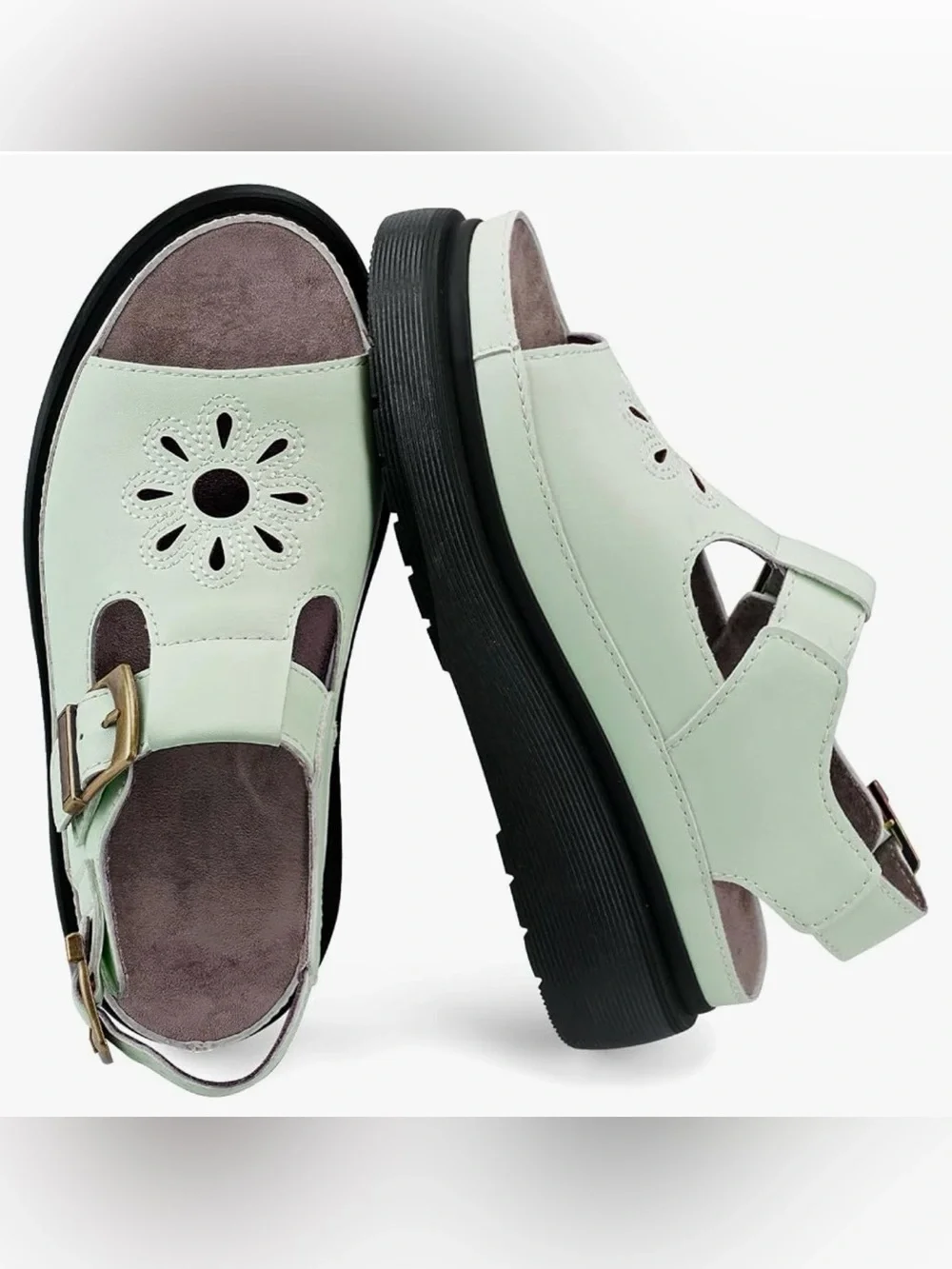 Boutique|Pastel Mint Buckle Chunky Platform Sandals,Faux leather cutout Flower•